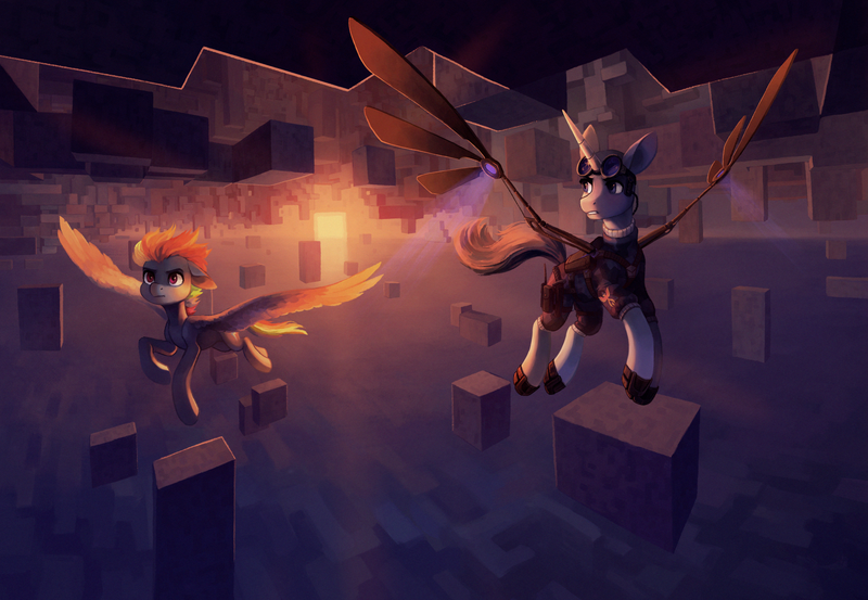 Size: 2895x2000 | Tagged: safe, artist:koviry, derpibooru import, rainbow dash, oc, oc:flint, unofficial characters only, pegasus, pony, unicorn, 2b2t, artificial wings, augmented, minecraft, wings