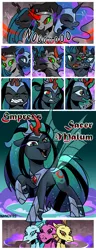 Size: 1500x3900 | Tagged: safe, artist:nancy-05, author:bigonionbean, derpibooru import, adagio dazzle, aria blaze, king sombra, nightmare moon, queen chrysalis, sonata dusk, oc, oc:empress sacer malum, alicorn, changeling, changeling queen, pony, siren, umbrum, comic:fusing the fusions, comic:time of the fusions, alicorn amulet, argument, blushing, chest, clothes, comic, commissioner:bigonionbean, confusion, cutie mark, dialogue, dungeon, ethereal mane, evil planning in progress, fangs, female, forced, fusion, fusion:empress sacer malum, heat, jewelry, magic, mare, necklace, panting, prison, queen umbra, regalia, rule 63, shocked, sombra eyes, spell, tartarus, wingless