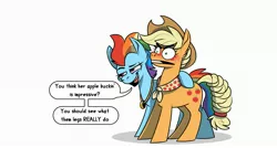 Size: 3175x1708 | Tagged: safe, artist:piemations, derpibooru import, applejack, rainbow dash, earth pony, pony, the last problem, appledash, applejack's hat, blushing, cowboy hat, dialogue, duo, embarrassed, female, granny smith's scarf, hat, innuendo, lesbian, mare, mortified, older, older applejack, older rainbow dash, shipping, simple background, smiling, speech bubble, this will end in pain, white background