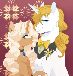 Size: 1024x1054 | Tagged: safe, artist:pikokko, derpibooru import, prince blueblood, oc, oc:cream pie, pony, unicorn, bowtie, canon x oc, ear piercing, flower, jewelry, necklace, piercing