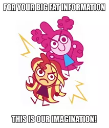 Size: 544x640 | Tagged: safe, derpibooru import, edit, edited screencap, screencap, pinkie pie, sunset shimmer, equestria girls, equestria girls series, sunset's backstage pass!, spoiler:eqg series (season 2), caption, cropped, drawing, image macro, meme, song reference, stickin' around, text