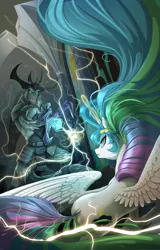 Size: 2239x3500 | Tagged: safe, artist:batonya12561, derpibooru import, storm king, oc, oc:mark wells, alicorn, pony, yeti, fanfic:off the mark, my little pony: the movie, armor, book cover, commission, cover, duo, electricity, female, male, mare, not celestia, staff, staff of sacanas