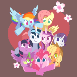 Size: 450x450 | Tagged: safe, artist:drtuo4, derpibooru import, edit, applejack, fluttershy, pinkie pie, princess cadance, rainbow dash, rarity, shining armor, spike, twilight sparkle, twilight sparkle (alicorn), alicorn, dragon, earth pony, pegasus, pony, unicorn, animated, bbbff, better source needed, brother and sister, brown background, cropped, cute, female, flower, flying, gif, happy, heart, kiss the girl, looking at you, male, mane six, mare, missing accessory, open mouth, shiningcadance, shipping, siblings, simple background, smiling, spread wings, stallion, straight, video at source, wings