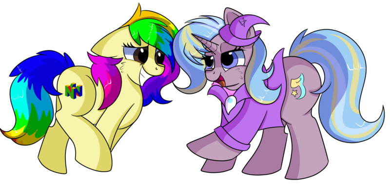 Size: 1280x609 | Tagged: safe, artist:rainbowtashie, author:bigonionbean, derpibooru import, ms. harshwhinny, trixie, oc, oc:rainbow tashie, oc:strict talent, earth pony, pony, unicorn, clothes, commissioner:bigonionbean, cutie mark, fusion, fusion:strict talent, hat, nintendo 64, simple background, transparent background