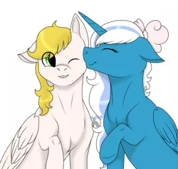 Size: 713x680 | Tagged: alicorn, alicorn oc, artist:katarikat, bow, derpibooru import, eyes closed, fleurden, green eyes, hair bow, horn, kissing, kiss on the cheek, oc, oc:fleurbelle, oc:golden skies, pegasus, safe, smiling, wings