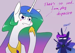 Size: 1920x1358 | Tagged: safe, artist:underpable, derpibooru import, princess celestia, princess luna, alicorn, pony, alexa play despacito, blush sticker, blushing, derpface, despacito, dialogue, duo, ethereal mane, female, hoof shoes, jewelry, mare, meme, peytral, regalia, royal sisters, siblings, starry mane, text, writing