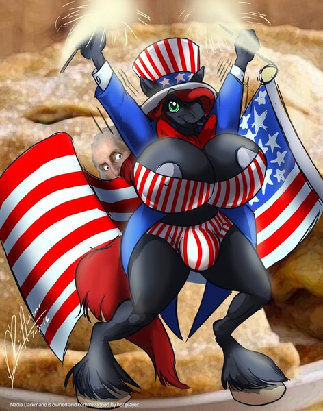 Size: 1006x1280 | Tagged: questionable, artist:thebigbadwolf01, derpibooru import, oc, anthro, earth pony, human, unguligrade anthro, american flag, apple, apple pie, areola, areola slip, big breasts, breasts, clothes, crotch bulge, erect nipples, food, futa, george washington, hat, huge breasts, impossibly large breasts, intersex, nipple outline, pie, signature, sparklers, top hat, unshorn fetlocks