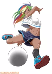 Size: 2893x4092 | Tagged: suggestive, artist:rambon7, derpibooru import, kotobukiya, rainbow dash, human, equestria girls, anime, armpits, breasts, clothes, football, kotobukiya rainbow dash, midriff, panties, panty shot, short shirt, shorts, solo, sports, strategically uncovered, underwear, upshorts