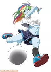 Size: 2893x4092 | Tagged: suggestive, alternate version, artist:rambon7, derpibooru import, rainbow dash, equestria girls, anime, armpits, ball, belly button, breasts, clothes, female, football, midriff, short shirt, shorts, solo, sports, strategically uncovered, upshorts