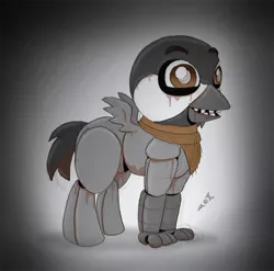 Size: 680x671 | Tagged: animatronic, artist:ravenpuff, clothes, derpibooru import, five nights at freddy's, gradient background, hippogriff, hippogriff oc, male, oc, oc:burd, safe, scarf, solo, unofficial characters only