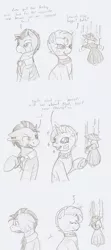 Size: 754x1701 | Tagged: ..., angry, artist:ravenpuff, comic, derpibooru import, dialogue, eyes closed, female, frown, glowing horn, happy, horn, looking back, magic, male, mare, marionette, music notes, oc, oc:caesar, oc:puppet, sad, safe, smiling, stallion, telekinesis, traditional art, unofficial characters only, vulgar, zebra, zebra oc