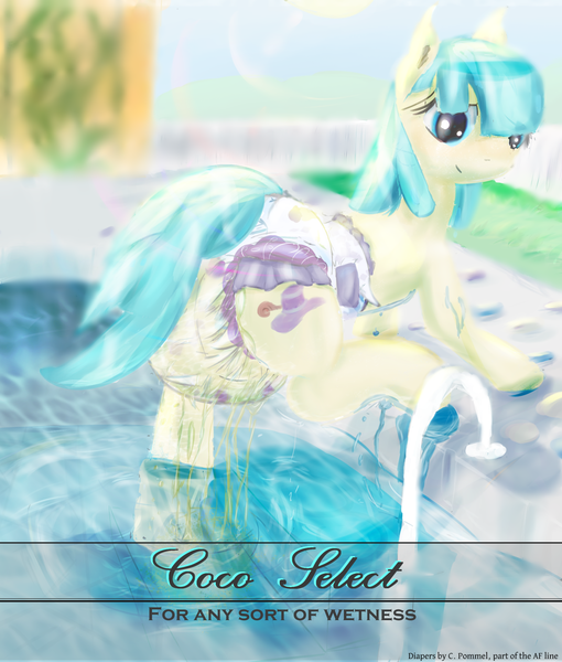 Size: 1360x1600 | Tagged: questionable, artist::snowfrost, derpibooru import, coco pommel, earth pony, advertisement, diaper, diaper fetish, fetish, grass, leaky diaper, poofy diaper, poolside, solo, urine, vine, water, wet diaper