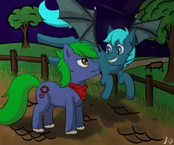 Size: 1280x1068 | Tagged: safe, artist:paw-of-darkness, derpibooru import, oc, oc:arcane gears, oc:guttatus, unofficial characters only, bat pony, earth pony, fence, male, night, park, stallion