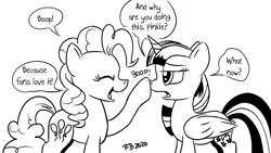 Size: 1200x675 | Tagged: safe, artist:pony-berserker, derpibooru import, pinkie pie, twilight sparkle, twilight sparkle (alicorn), alicorn, earth pony, pony, black and white, boop, breaking the fourth wall, duo, eyes closed, female, grayscale, i can't believe it's not idw, mare, monochrome, pony-berserker's twitter sketches, signature, simple background, speech bubble, white background