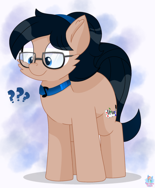 Size: 1418x1717 | Tagged: safe, artist:rainbow eevee, derpibooru import, oc, oc:crescend cinnamon, unofficial characters only, earth pony, pony, adorasexy, blue eyes, collar, cute, cutie mark, female, glasses, headband, mare, question mark, sexy, simple background, solo