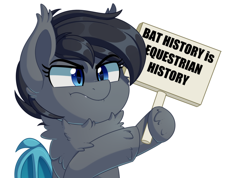 Size: 3457x2672 | Tagged: safe, artist:thegamblehorse, deleted from derpibooru, derpibooru import, edit, oc, oc:seachell, unofficial characters only, bat pony, pony, :t, angry, bat pony oc, bat wings, black history is american history, chest fluff, ear fluff, ear tufts, equestrian history, fangs, female, fluffy, frown, glare, hoof fluff, hoof hold, lip bite, mare, meme, neck fluff, pointing, pouting, shoulder fluff, sign, simple background, solo, transparent background, unshorn fetlocks, wings