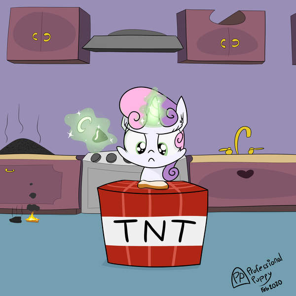 Size: 4000x4000 | Tagged: safe, artist:professionalpuppy, derpibooru import, sweetie belle, pony, unicorn, bread, cooking, explosives, female, filly, food, kitchen, levitation, lighter, magic, minecraft, pyro belle, sweetie belle can't cook, sweetie belle's magic brings a great big smile, sweetie fail, telekinesis, this will end in death, this will end in explosions, this will end in tears, this will end in tears and/or breakfast, this will end in tears and/or death, this will end in tears and/or death and/or covered in tree sap, tnt, toast, what could possibly go wrong, xk-class end-of-the-kitchen scenario