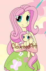 Size: 1650x2550 | Tagged: safe, artist:cloureed, derpibooru import, fluttershy, pegasus, pony, equestria girls, holding a pony, human ponidox, self ponidox