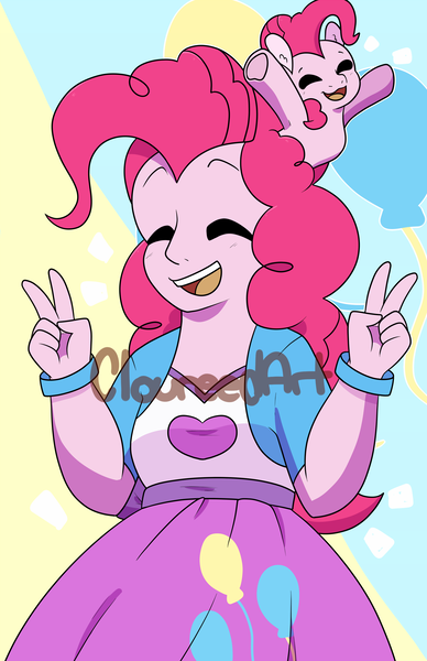 Size: 1650x2550 | Tagged: safe, artist:cloureed, derpibooru import, pinkie pie, earth pony, pony, equestria girls, double peace sign, eyes closed, human ponidox, open mouth, pony on head, self ponidox, underhoof