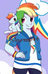 Size: 1650x2550 | Tagged: safe, artist:cloureed, derpibooru import, rainbow dash, pegasus, pony, equestria girls, grin, human ponidox, self ponidox, shoulder pony, smiling