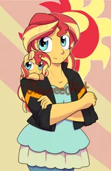 Size: 1650x2550 | Tagged: safe, artist:cloureed, derpibooru import, sunset shimmer, pony, unicorn, equestria girls, crossed arms, human ponidox, self ponidox, shoulder pony