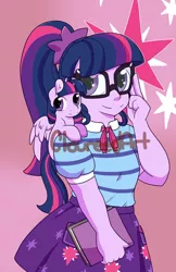 Size: 1650x2550 | Tagged: safe, artist:cloureed, derpibooru import, sci-twi, twilight sparkle, twilight sparkle (alicorn), alicorn, pony, equestria girls, human ponidox, self ponidox, shoulder pony, twolight