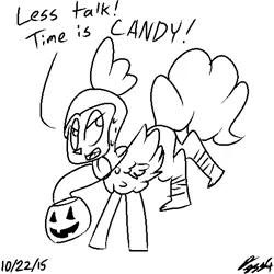 Size: 512x512 | Tagged: safe, artist:ozzyg, derpibooru import, pinkie pie, earth pony, pony, luna eclipsed, animal costume, chicken pie, chicken suit, clothes, costume, female, lineart, mare, monochrome, pumpkin bucket, solo, speech, talking