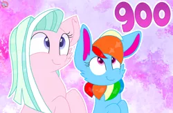 Size: 1920x1263 | Tagged: safe, artist:rainbow eevee, derpibooru import, rainbow dash, tender brush, winter lotus, oc, oc:rainbow eevee, earth pony, eevee, pony, derpibooru, adorkable, celebration, cheek fluff, color porn, cute, daaaaaaaaaaaw, dork, duo, eyelashes, female, grin, looking up, meta, needs more saturation, numbers, pink eyes, pokefied, pokémon, purple eyes, smiling, species swap