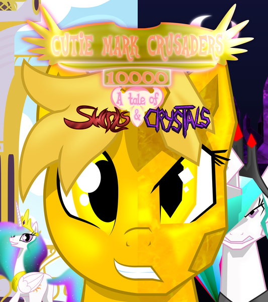 Size: 1600x1800 | Tagged: safe, artist:gatesmccloud, derpibooru import, princess celestia, oc, oc:dream searcher, alicorn, pony, unicorn, bust, cover art, crown, duality, evil grin, female, grin, hair over one eye, jewelry, mare, peytral, regalia, smiling