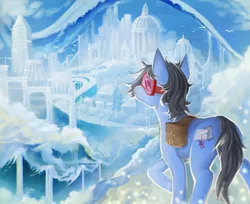 Size: 1920x1566 | Tagged: safe, artist:elzafox, derpibooru import, oc, oc:sight seer, unofficial characters only, bird, earth pony, pony, bag, cloud, cloudsdale, goggles, male, saddle bag, scenery, signature, sky, solo, stallion