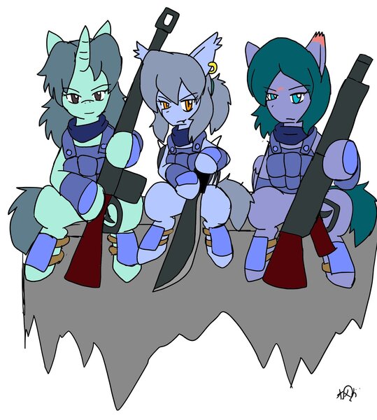 Size: 1839x2048 | Tagged: safe, alternate version, artist:omegapony16, derpibooru import, oc, oc:oriponi, unofficial characters only, earth pony, pony, unicorn, armor, clothes, colored, ear piercing, earring, earth pony oc, female, gun, horn, jewelry, knife, mare, piercing, scarf, signature, simple background, soldier, unicorn oc, weapon, white background