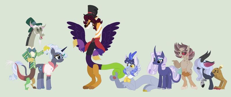 Size: 1280x538 | Tagged: alternate design, artist:hope-of-morning, base used, derpibooru import, discord, draconequus, draconequus oc, family, female, green background, hybrid, interspecies offspring, male, oc, oc:balagan, oc:eros, oc:hurly-burly, oc:tumultuous, offspring, parent:discord, parent:rarity, parents:raricord, raricord, rarity, safe, shipping, simple background, straight