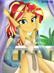 Size: 1800x2400 | Tagged: safe, artist:artmlpk, derpibooru import, sunset shimmer, equestria girls, alternate hairstyle, armlet, belly dancer, belly dancer outfit, cleopatra, clothes, costume, crown, cute, design, egypt, egyptian, female, harem outfit, jewelry, looking at you, necklace, outfit, ponytail, pyramid, regalia, shimmerbetes, smiling, smiling at you, smirk, smug, solo