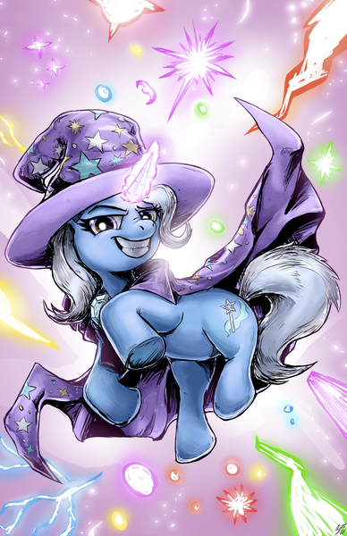 Size: 3300x5100 | Tagged: safe, artist:yoshiunity, derpibooru import, trixie, pony, unicorn, abstract background, absurd resolution, cape, clothes, commission, evil grin, female, grin, hat, magic, mare, smiling, solo, trixie's cape, trixie's hat