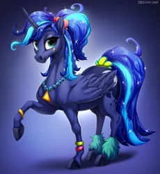 Size: 1022x1110 | Tagged: safe, artist:zazush-una, derpibooru import, princess luna, alicorn, pony, 80s princess luna, alternate hairstyle, bracelet, female, hoers, jewelry, mare, necklace, realistic horse legs, smiling, solo