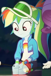 Size: 404x597 | Tagged: safe, derpibooru import, screencap, rainbow dash, rarity, equestria girls, equestria girls series, sunset's backstage pass!, spoiler:eqg series (season 2), cap, clothes, cropped, cute, dashabetes, female, food, forest background, geode of super speed, hat, jacket, looking down, magical geodes, marshmallow, night, outdoors, ponytail, rainbow, shirt, shorts, smiling, socks, stick, t-shirt, wristband