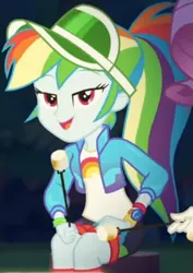 Size: 415x587 | Tagged: safe, derpibooru import, screencap, rainbow dash, rarity, equestria girls, equestria girls series, sunset's backstage pass!, spoiler:eqg series (season 2), cap, clothes, cropped, cute, dashabetes, female, food, forest background, geode of super speed, hat, jacket, lidded eyes, looking at you, magical geodes, marshmallow, night, outdoors, ponytail, rainbow, shirt, shorts, smiling, socks, stick, t-shirt, wristband