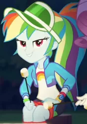 Size: 414x590 | Tagged: safe, derpibooru import, screencap, rainbow dash, rarity, equestria girls, equestria girls series, sunset's backstage pass!, spoiler:eqg series (season 2), cap, clothes, cropped, cute, dashabetes, female, food, forest background, geode of super speed, hat, jacket, lidded eyes, looking at you, magical geodes, marshmallow, night, outdoors, rainbow, shirt, shorts, smiling, socks, stick, t-shirt, wristband