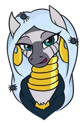 Size: 500x740 | Tagged: artist:jargon scott, bust, clothes, costume, derpibooru import, ear piercing, earring, jewelry, long hair, looking at you, necklace, nightmare night, nightmare night costume, piercing, safe, simple background, solo, spider, white background, zebra, zecora
