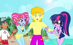 Size: 1280x792 | Tagged: safe, artist:dieart77, derpibooru import, kiwi lollipop, sci-twi, timber spruce, twilight sparkle, oc, oc:bart simpson, oc:heat blitz, equestria girls, equestria girls series, abs, arm grab, bare chest, baseball cap, beach, belly button, bikini, blonde hair, blushing, canon x oc, cap, clothes, commission, deviantart, female, glasses, green eyes, green hair, hair, hat, heart, heatwi, jealous, k-lo, legs, lifeguard timber, male, muscles, partial nudity, patreon, patreon commission, patreon logo, pink hair, ponytail, scene trash, shipping, straight, swimming trunks, swimsuit, the simpsons, timbertwi, topless, water, yellow hair
