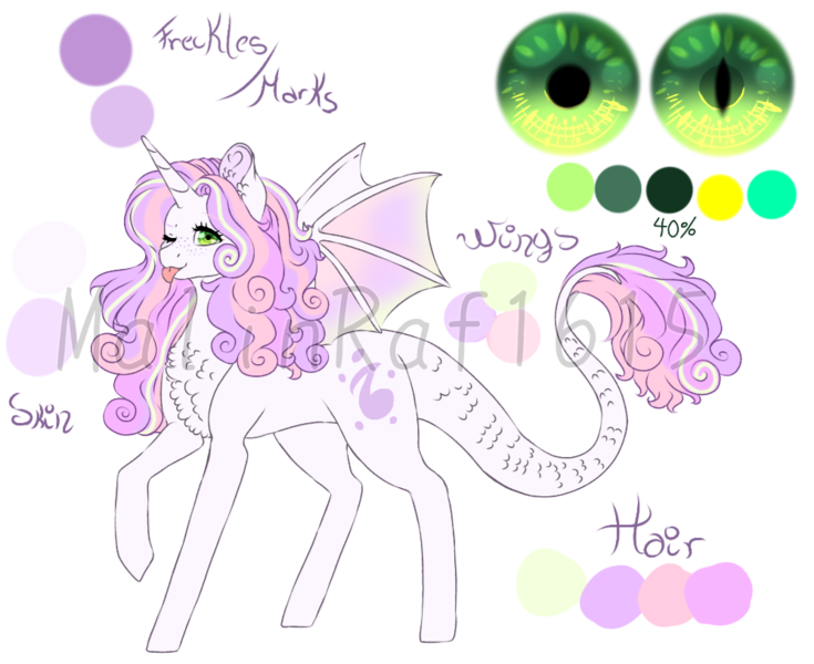 Size: 998x815 | Tagged: safe, artist:malinraf1615, derpibooru import, oc, oc:crytal song belle, dracony, dragon, hybrid, pony, chest fluff, color palette, cute, dragon eyes, eye, eyes, female, interspecies offspring, offspring, one eye closed, parent:spike, parent:sweetie belle, parents:spikebelle, reference sheet, simple background, solo, tongue out, transparent background, watermark, wink