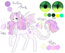 Size: 998x815 | Tagged: safe, artist:malinraf1615, derpibooru import, oc, oc:crytal song belle, dracony, dragon, hybrid, pony, chest fluff, color palette, cute, dragon eyes, eye, eyes, female, interspecies offspring, offspring, one eye closed, parent:spike, parent:sweetie belle, parents:spikebelle, reference sheet, simple background, solo, tongue out, transparent background, watermark, wink