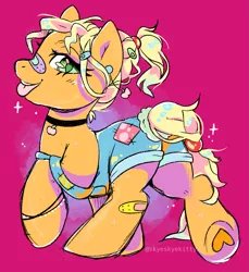 Size: 1201x1309 | Tagged: safe, artist:skyeskyekitty, derpibooru import, applejack, earth pony, pony, 80s, bandaid, braid, cheap, choker, commission, female, hairclip, mare, pink background, simple background