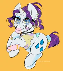 Size: 1328x1500 | Tagged: safe, artist:skyeskyekitty, derpibooru import, rarity, pony, unicorn, 80s, bandaid, cheap, choker, commission, ear piercing, earring, female, food, gum, hairband, jewelry, mare, piercing, simple background, yellow background