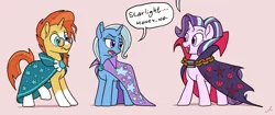 Size: 7600x3184 | Tagged: safe, artist:docwario, derpibooru import, edit, starlight glimmer, sunburst, trixie, earth pony, pony, unicorn, cape, chains, chat bubble, clothes, cropped, dialogue, female, glasses, horn, male, mare, obliviously evil, open mouth, raised hoof, raised leg, robe, simple background, smiling, speech bubble, stallion, sunburst's glasses, sunburst's robe, trixie's cape, wrong eye color