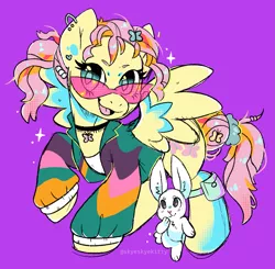 Size: 1413x1384 | Tagged: safe, artist:skyeskyekitty, derpibooru import, angel bunny, fluttershy, butterfly, pegasus, pony, 80s, angel, barrette, cheap, choker, commission, ear piercing, earring, female, glasses, jewelry, mare, piercing, ponytail, purple background, scrunchie, simple background, windbreaker, yellow