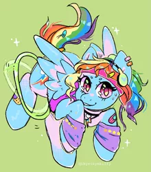 Size: 1127x1278 | Tagged: safe, artist:skyeskyekitty, derpibooru import, rainbow dash, pegasus, pony, 80s, bandaid, blue, cheap, choker, commission, ear piercing, earring, female, green background, hairclip, headphones, hoola hoop, hoolahoop, jewelry, leg warmers, legwarmers, looking at you, mare, piercing, ponytail, rainbow dash always dresses in style, simple background, solo, sweatband