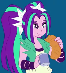 Size: 3166x3500 | Tagged: safe, artist:zefrenchm, derpibooru import, aria blaze, equestria girls, blue background, bracelet, bread, coffee, coffee mug, croissant, eating, female, food, jewelry, mug, pigtails, simple background, solo, twintails