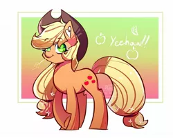 Size: 1750x1398 | Tagged: safe, artist:riukime, derpibooru import, applejack, earth pony, pony, abstract background, apple, colored pupils, cowboy hat, cute, ear fluff, female, food, hat, jackabetes, mare, no pupils, solo, straw in mouth, yeehaw