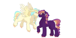 Size: 1280x640 | Tagged: safe, artist:itstechtock, derpibooru import, oc, oc:indigo, oc:oasis (azure art wave), unofficial characters only, earth pony, pegasus, pony, braided tail, female, mare, nuzzling, simple background, transparent background, two toned wings, wings